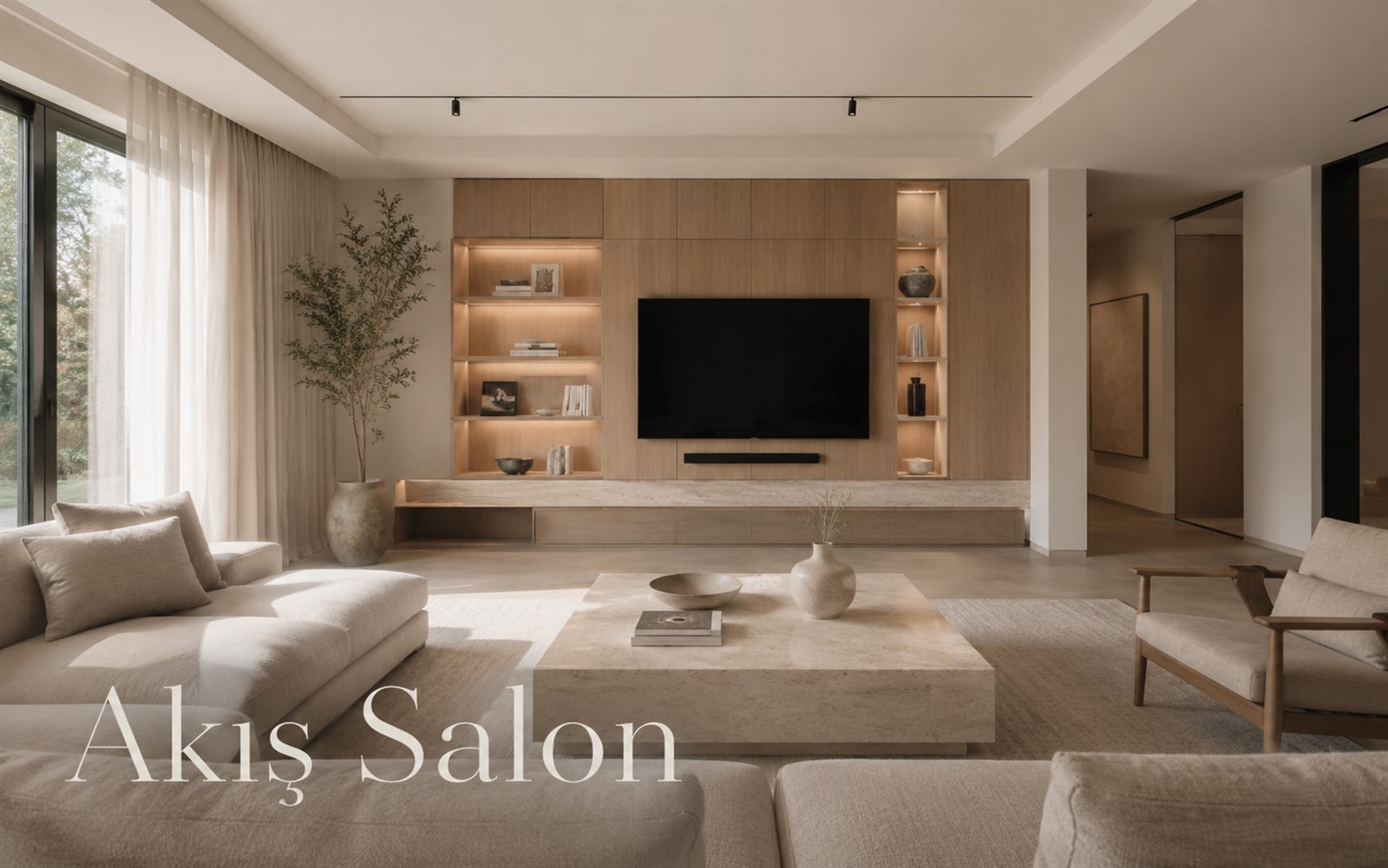 Doğal ışık alan, açık meşe detaylı çağdaş salon tasarımı