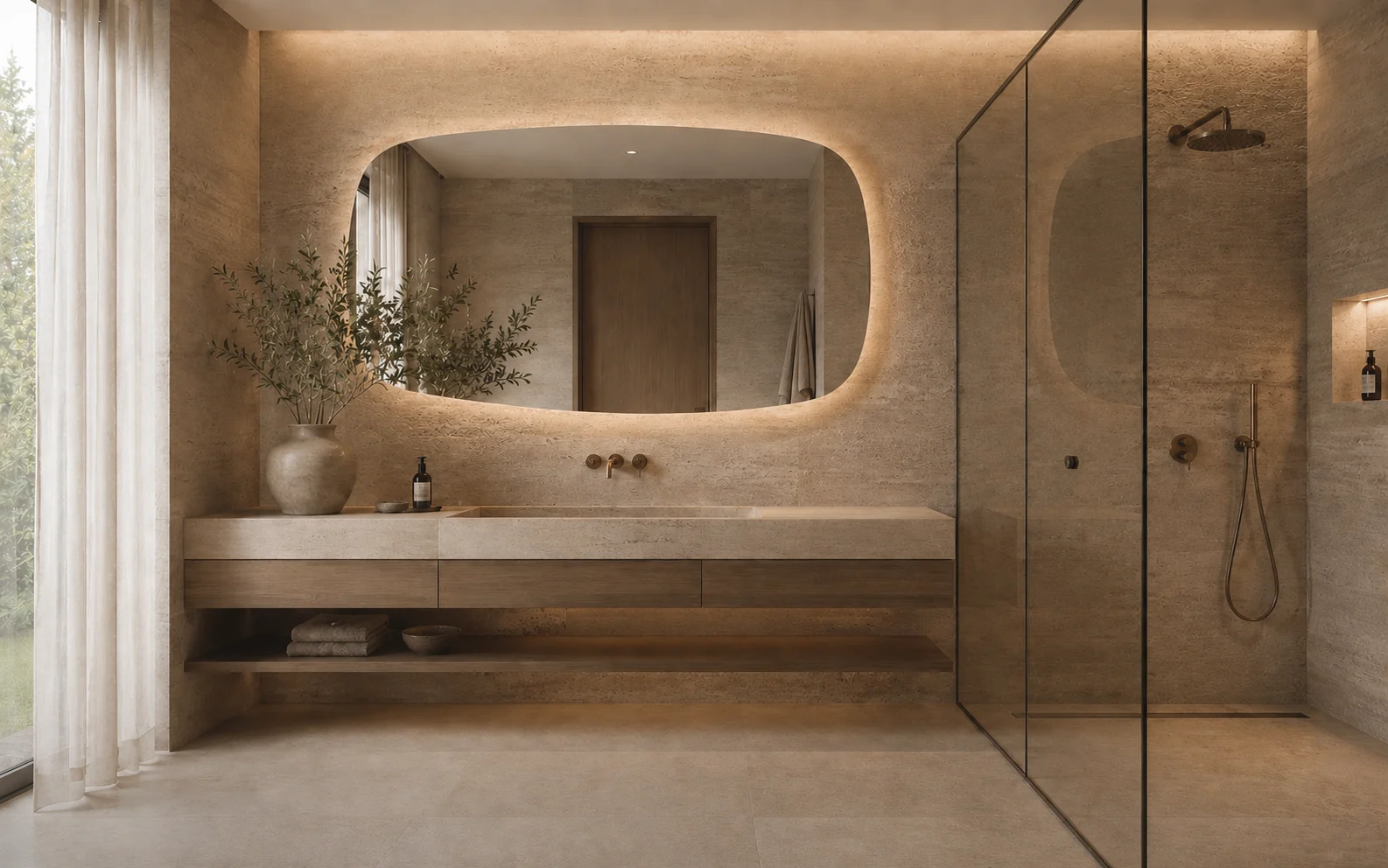 Traverten yüzeyli ve dolaylı aydınlatmalı modern banyo