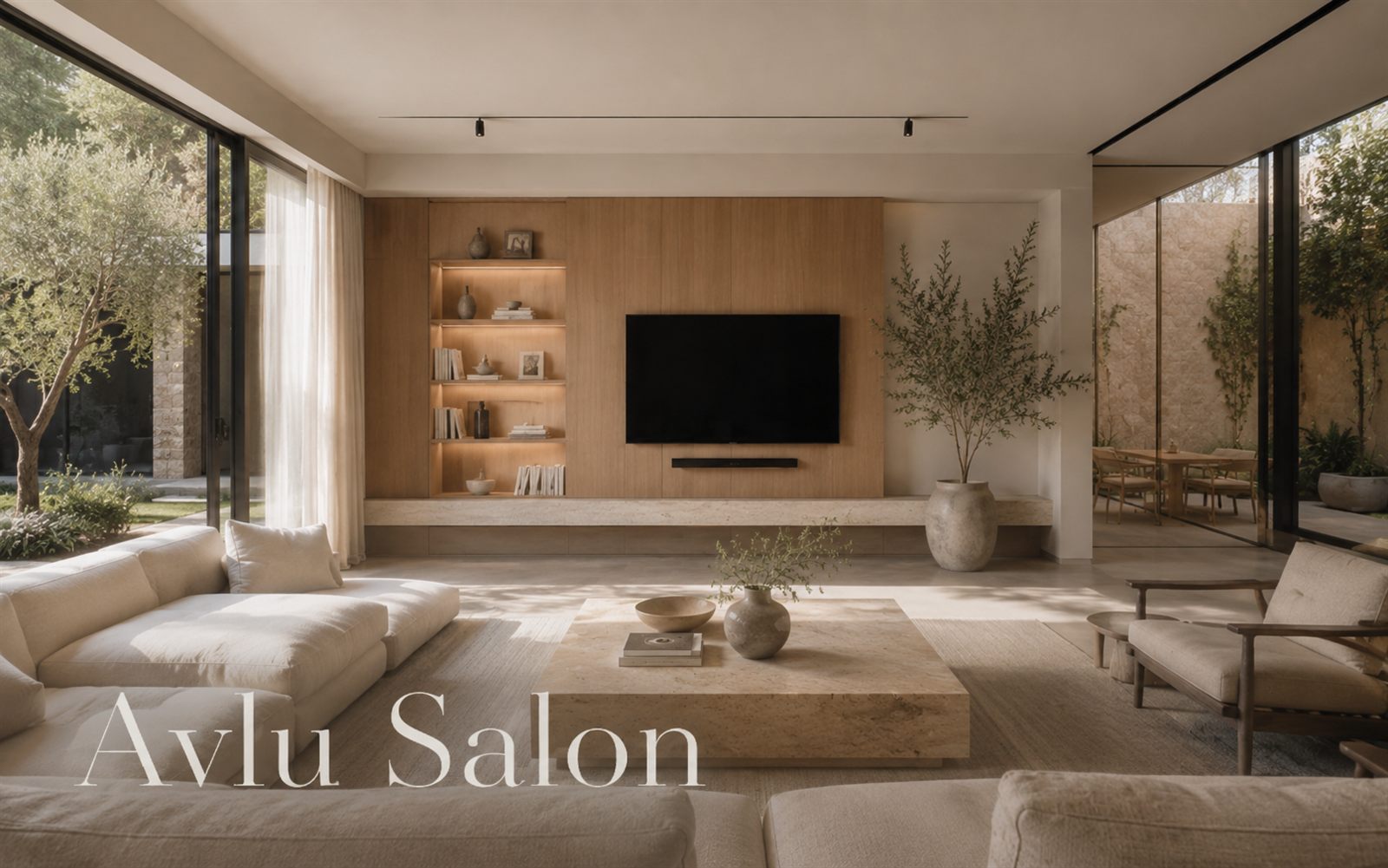 Bahçeye açılan, doğal taş ve meşe detaylı salon