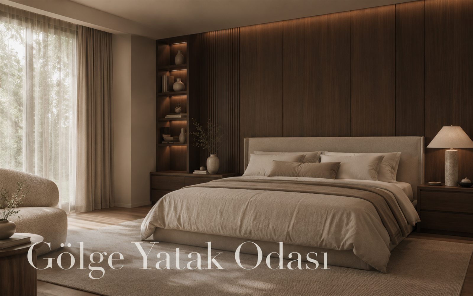 Koyu ceviz ve kum beji tonlarında sakin yatak odası tasarımı