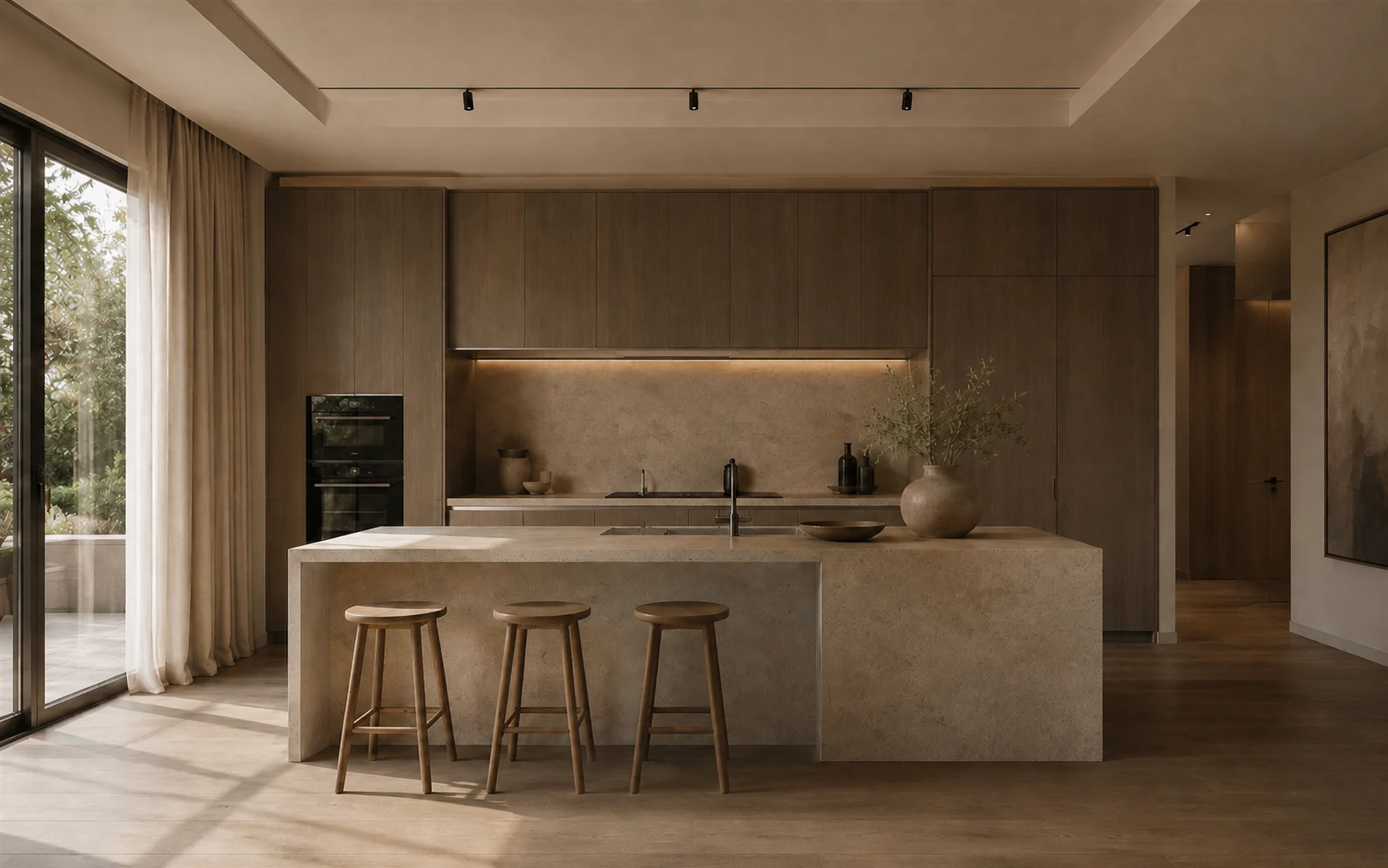 Taş adalı, füme meşe dolaplı modern mutfak tasarımı