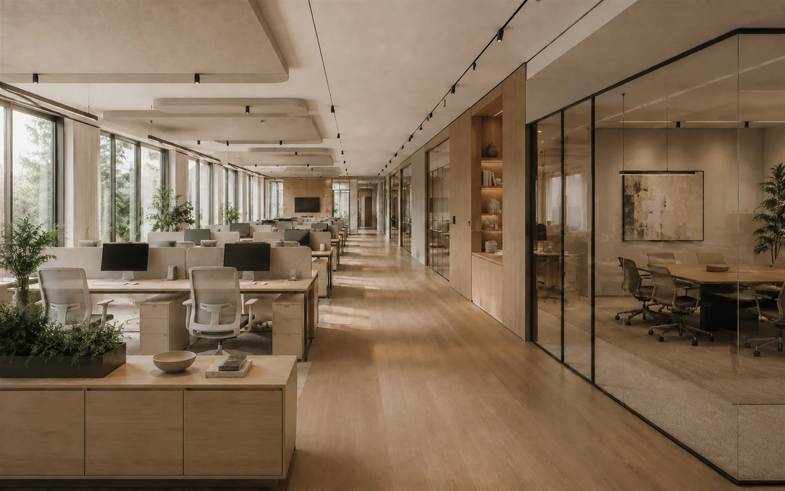 Ahşap, cam ve antrasit detaylarla tasarlanmış modern ofis