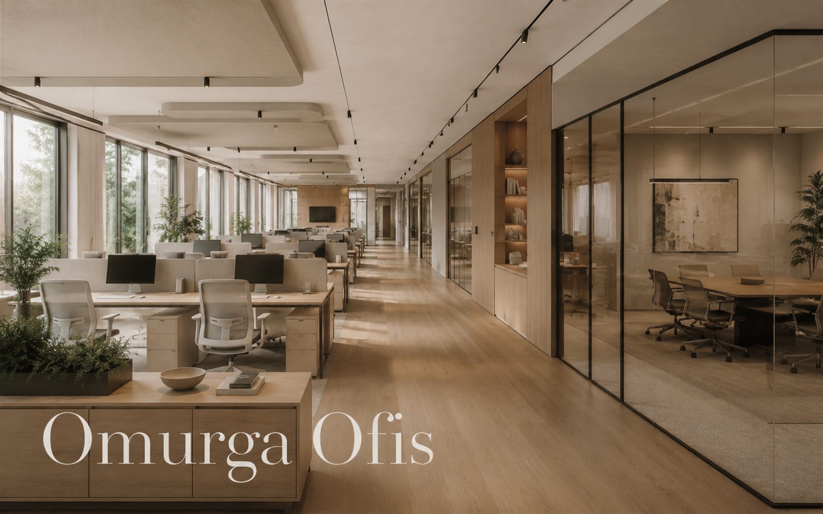 Ahşap, cam ve antrasit detaylarla tasarlanmış modern ofis